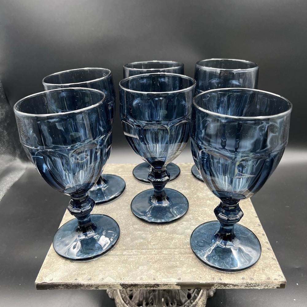 Vintage Libbey Gibraltar Dusky Blue Water Goblets 6.75" DuraTuff Glass Set of 6